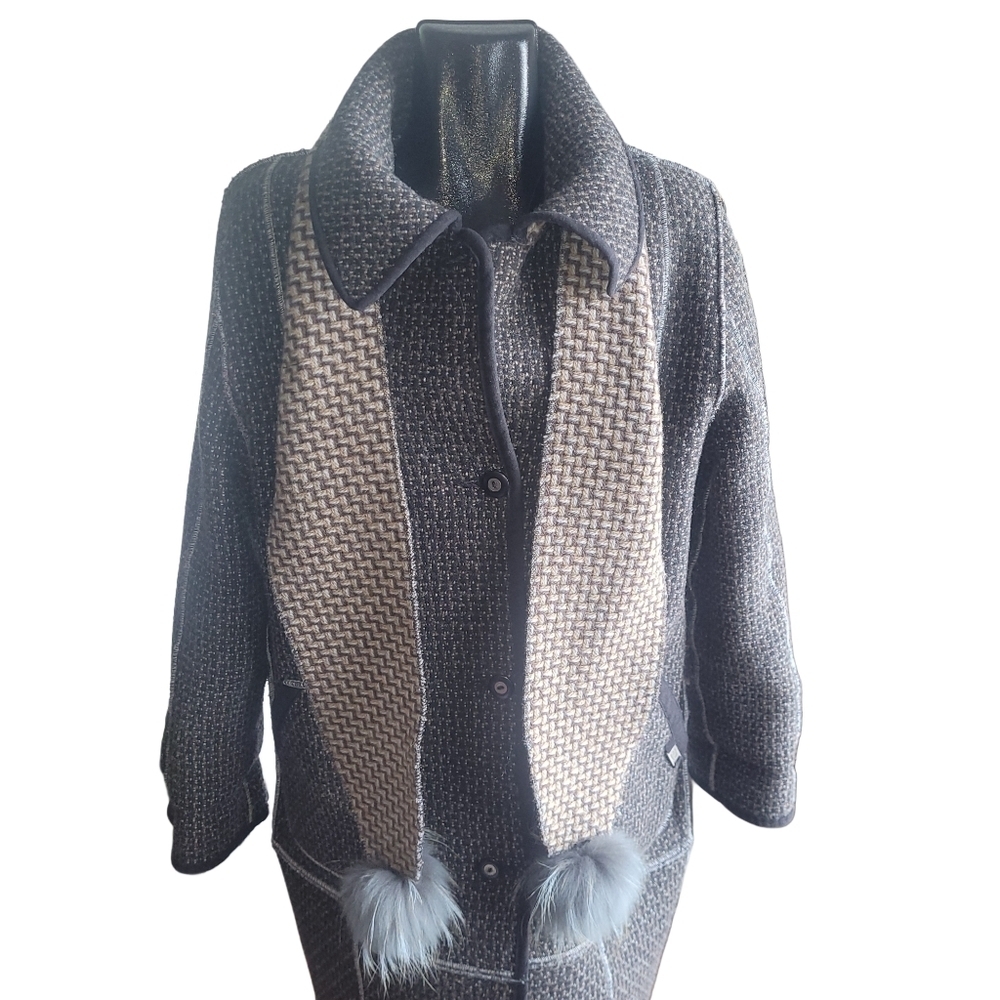 Vintage Epsilon Brown and Tan Button Up Wool Blend Coat With Scarf M